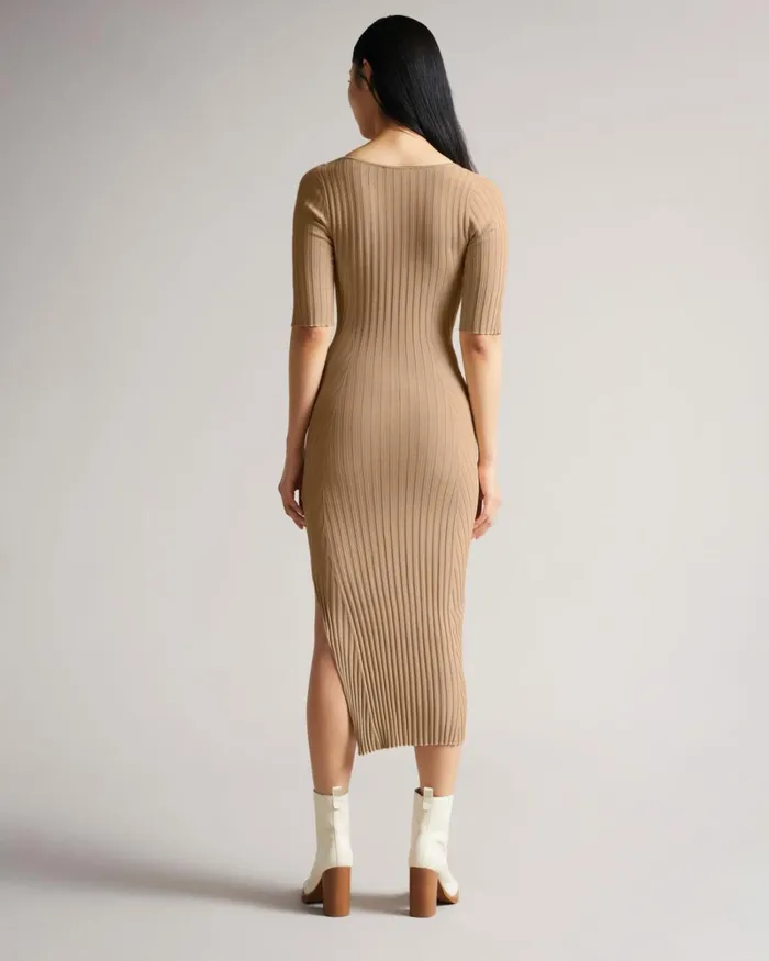 Side Slit Detail Knit Dress Light Brown Women Ted Baker Dresses Side Slit Detail Knit Dress Light Brown Women Ted Baker Dresses