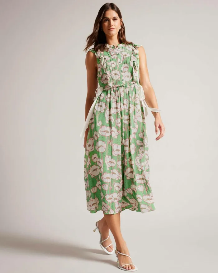 Sleeveless Frilled Midi Dress Green Women Ted Baker Clothing Sleeveless Frilled Midi Dress Green Women Ted Baker Clothing