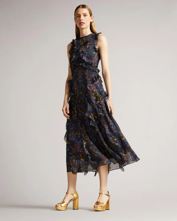 Sleeveless Waterfall Midi Dress Navy Women Ted Baker Dresses Sleeveless Waterfall Midi Dress Navy Women Ted Baker Dresses