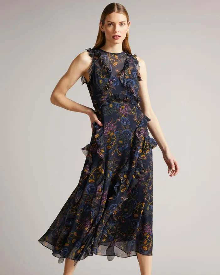 Sleeveless Waterfall Midi Dress Navy Women Ted Baker Dresses Sleeveless Waterfall Midi Dress Navy Women Ted Baker Dresses