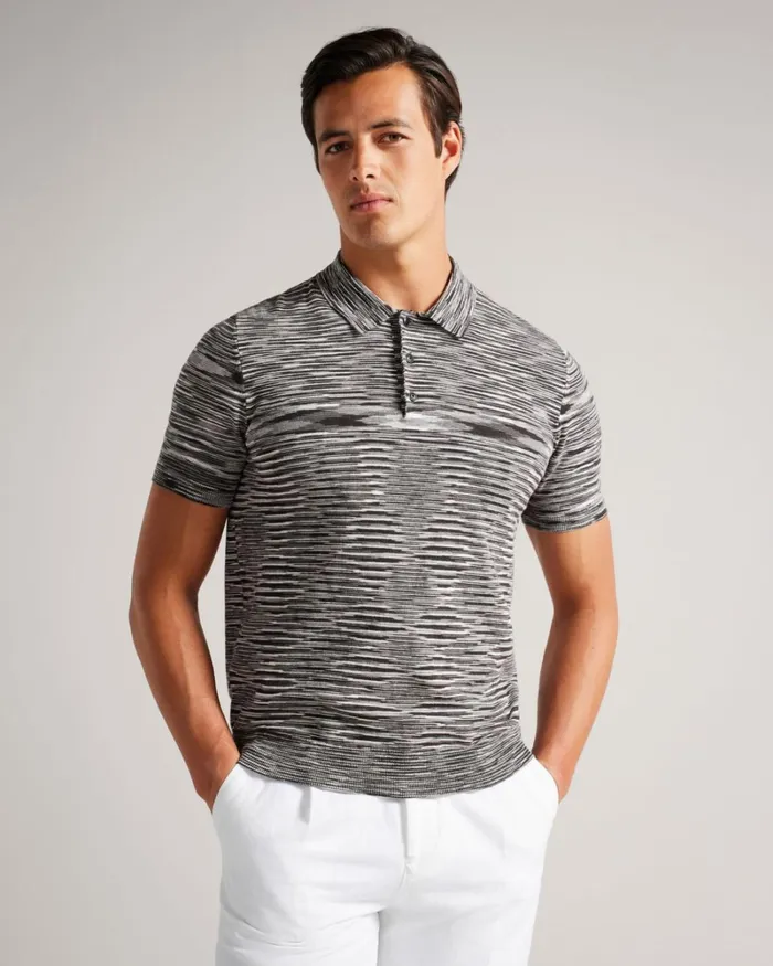 Space Dye Stripe Knitted Polo Shirt Black Men Ted Baker Tops Space Dye Stripe Knitted Polo Shirt Black Men Ted Baker Tops