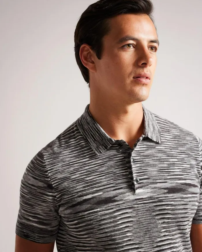 Space Dye Stripe Knitted Polo Shirt Black Men Ted Baker Tops Space Dye Stripe Knitted Polo Shirt Black Men Ted Baker Tops