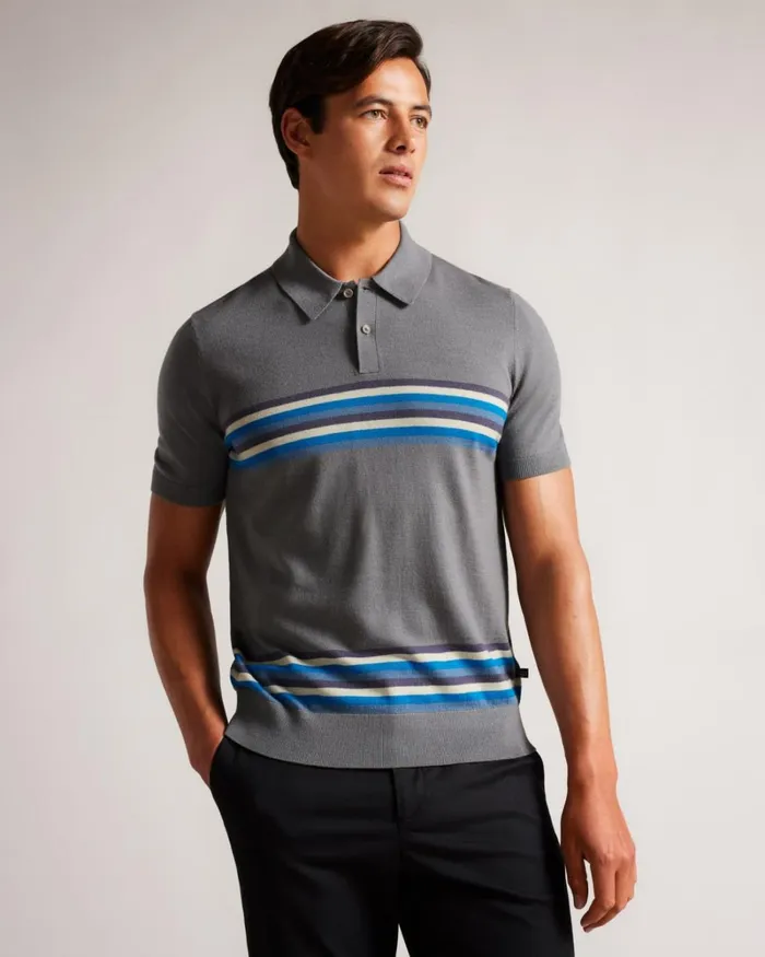 Striped Wool Polo Shirt MidBlue Men Ted Baker Clothing