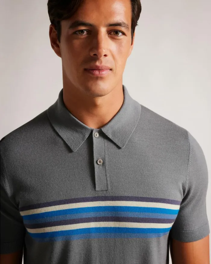 Striped Wool Polo Shirt MidBlue Men Ted Baker Clothing
