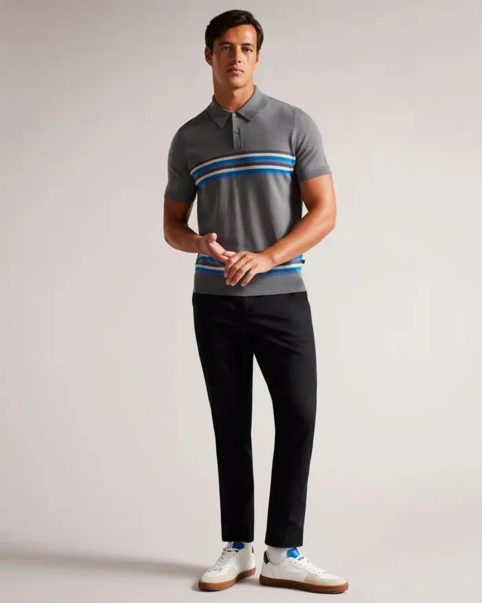Striped Wool Polo Shirt MidBlue Men Ted Baker Clothing