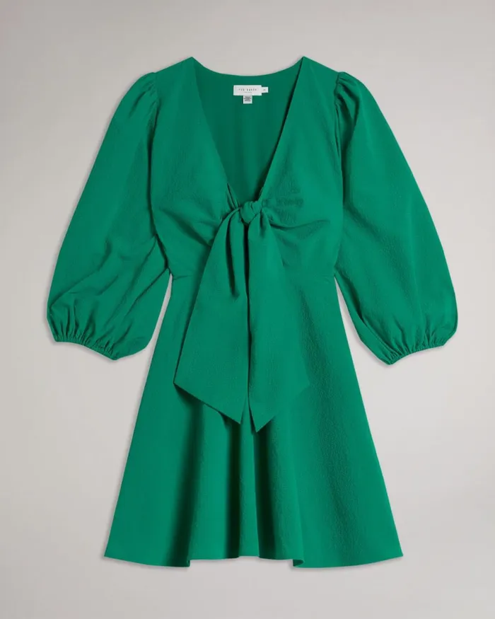 Tie Front Mini Dress With Balloon Sleeve Green Women Ted Baker Clothing
