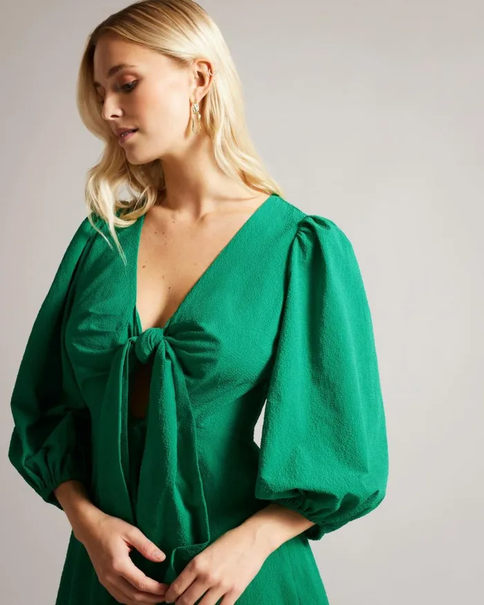 Tie Front Mini Dress With Balloon Sleeve Green Women Ted Baker Clothing Tie Front Mini Dress With Balloon Sleeve Green Women Ted Baker Clothing