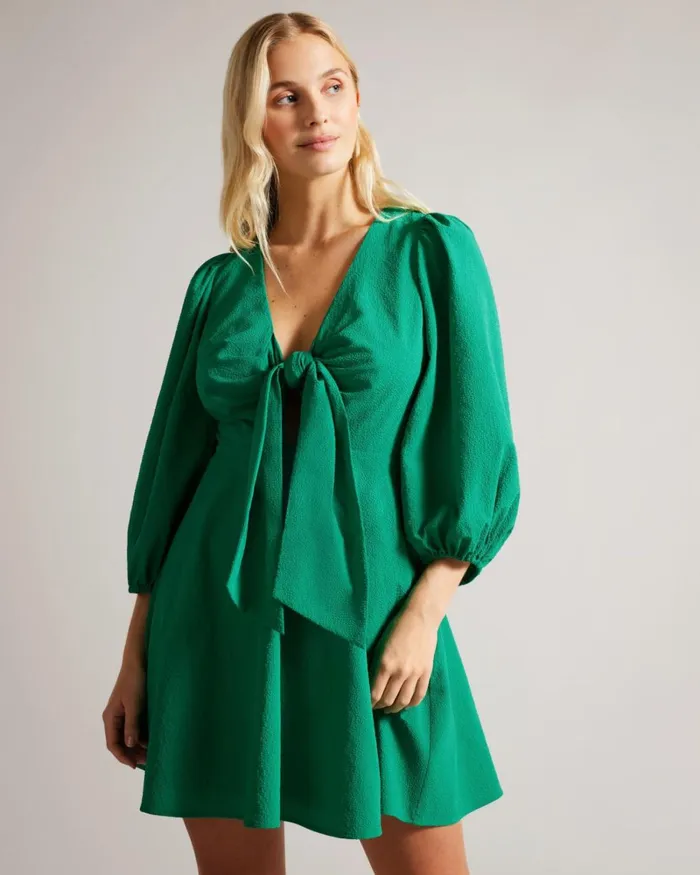 Tie Front Mini Dress With Balloon Sleeve Green Women Ted Baker Clothing Tie Front Mini Dress With Balloon Sleeve Green Women Ted Baker Clothing