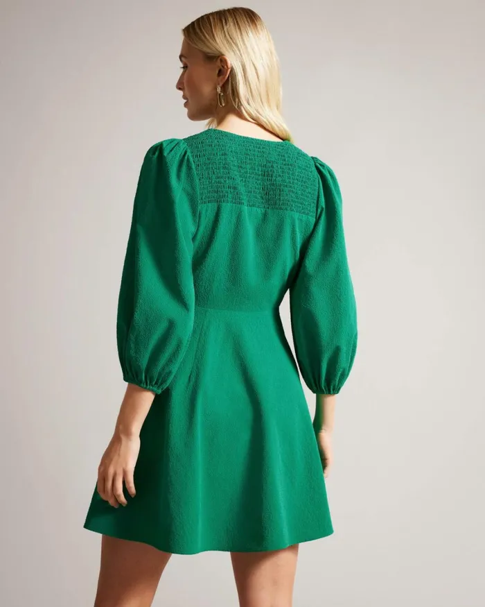 Tie Front Mini Dress With Balloon Sleeve Green Women Ted Baker Clothing Tie Front Mini Dress With Balloon Sleeve Green Women Ted Baker Clothing