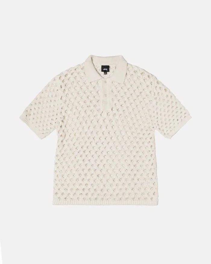 Tops and Shirts Men Stussy BIG MESH POLO SWEATER Ivory