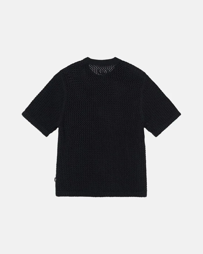 Tops and Shirts Men Stussy O039DYED HEAVYWEIGHT MESH CREW Solid Black Tops and Shirts Men Stussy O039DYED HEAVYWEIGHT MESH CREW Solid Black