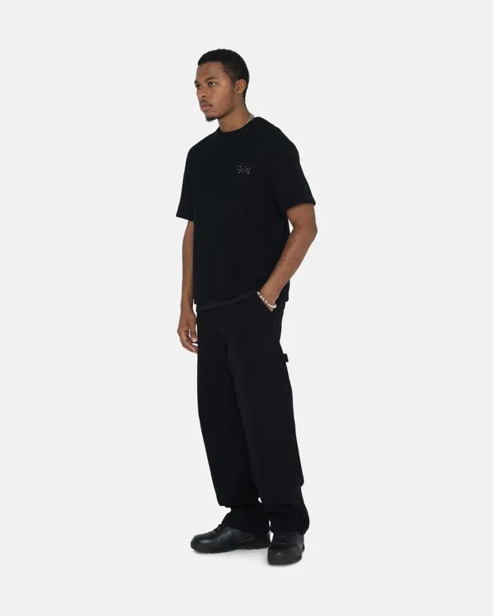 Tops and Shirts Men Stussy O039DYED HEAVYWEIGHT MESH CREW Solid Black Tops and Shirts Men Stussy O039DYED HEAVYWEIGHT MESH CREW Solid Black