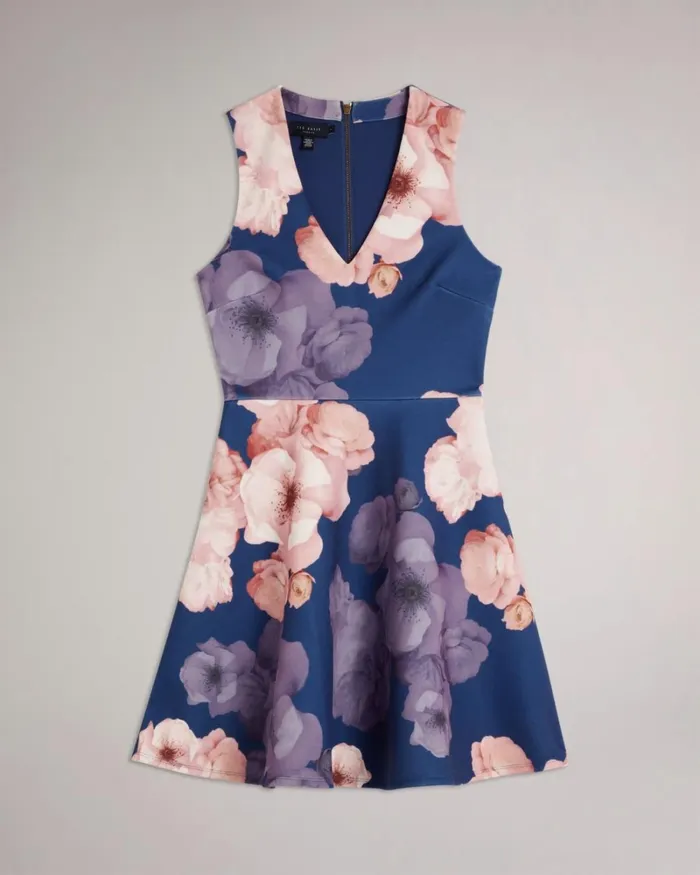 VNeck Printed Skater Dress Dark Blue Women Ted Baker Clothing