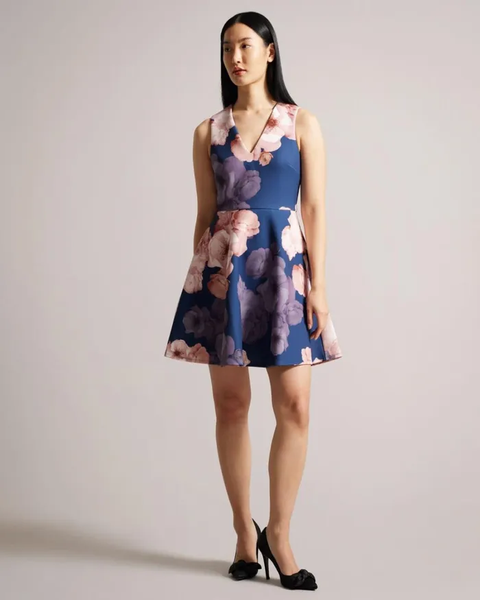 VNeck Printed Skater Dress Dark Blue Women Ted Baker Clothing VNeck Printed Skater Dress Dark Blue Women Ted Baker Clothing