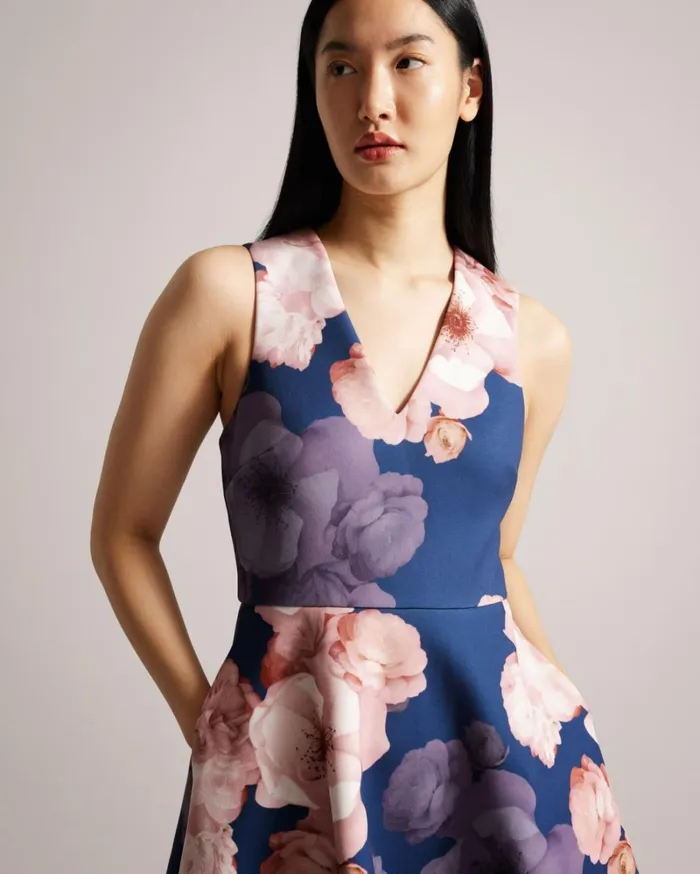 VNeck Printed Skater Dress Dark Blue Women Ted Baker Clothing VNeck Printed Skater Dress Dark Blue Women Ted Baker Clothing