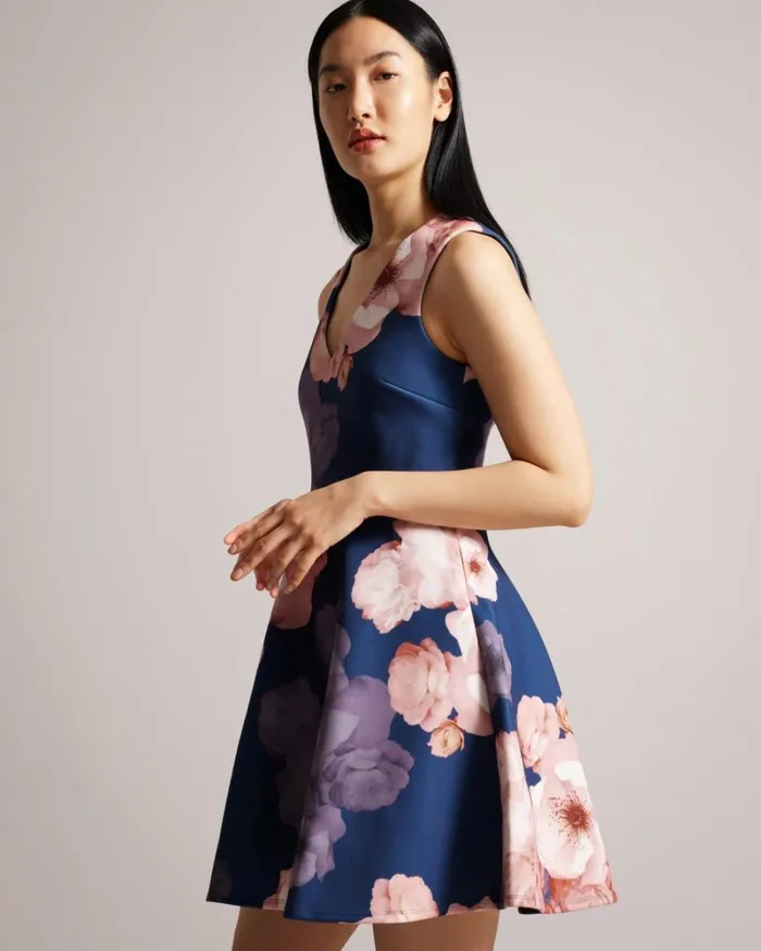 VNeck Printed Skater Dress Dark Blue Women Ted Baker Clothing VNeck Printed Skater Dress Dark Blue Women Ted Baker Clothing