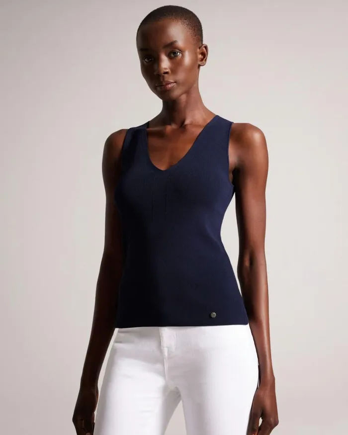 VNeck Slim Fit Knit Top Dark Blue Women Ted Baker Clothing