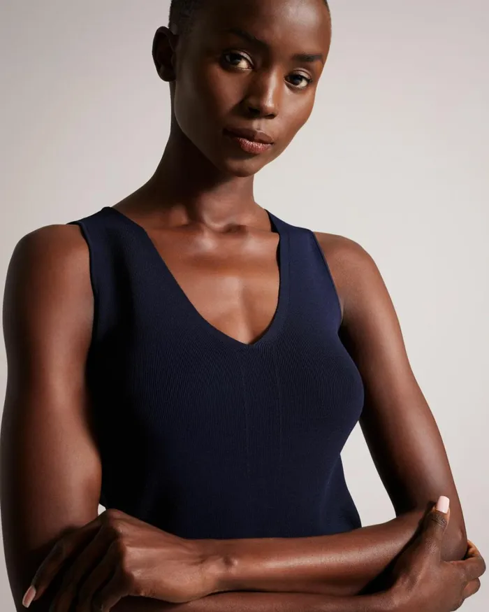 VNeck Slim Fit Knit Top Dark Blue Women Ted Baker Clothing