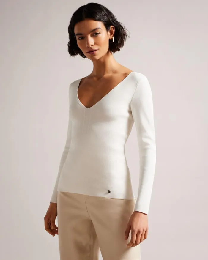 V Neck Slim Fit Knit Top Ivory Women Ted Baker Clothing