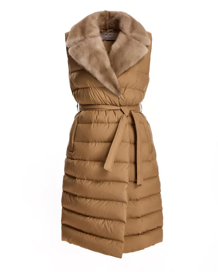Vests Women039s Maximilian Belted Polyester Vest With Natural Mink Collar
