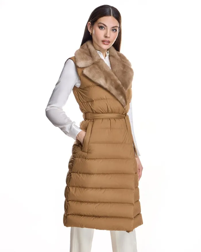 Vests Women039s Maximilian Belted Polyester Vest With Natural Mink Collar