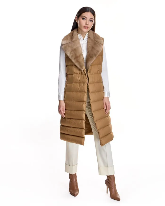 Vests Women039s Maximilian Belted Polyester Vest With Natural Mink Collar