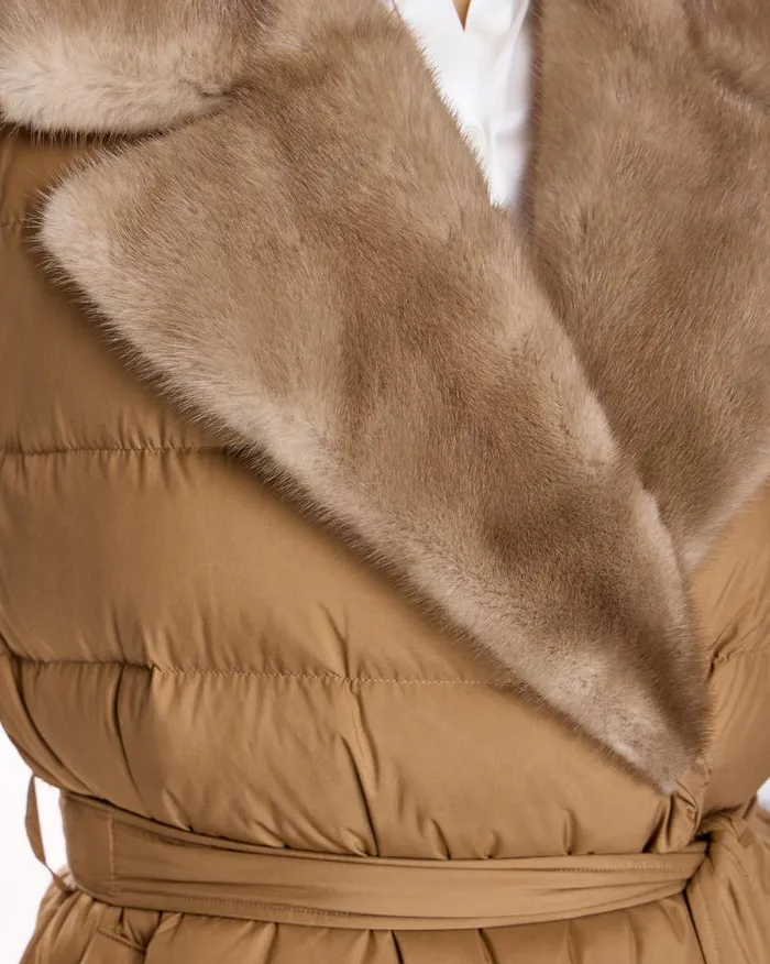 Vests Women039s Maximilian Belted Polyester Vest With Natural Mink Collar