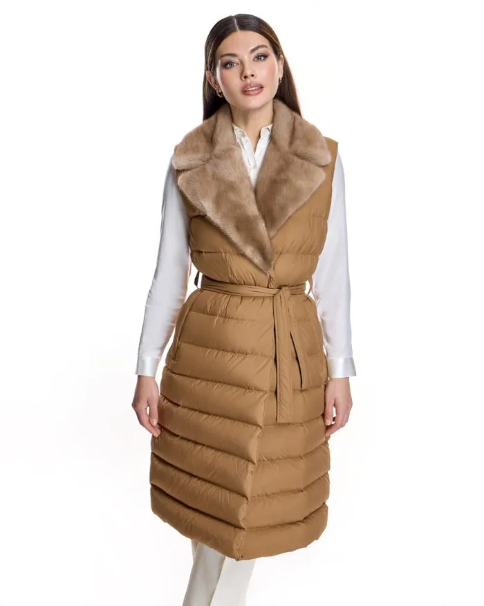 Vests Women039s Maximilian Belted Polyester Vest With Natural Mink Collar