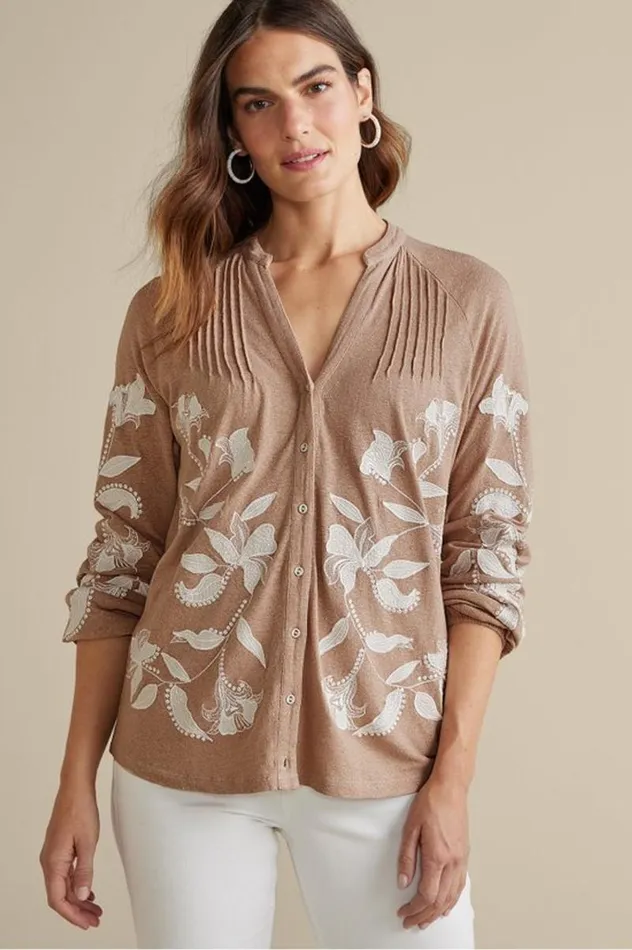 Women Alva Embroidered Knit Top Beige Soft Surroundings Tops