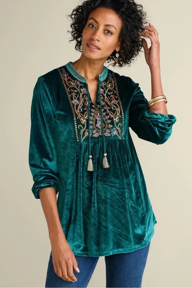 Women Ashanti Embellished Velvet Tunic June Bug Soft Surroundings Tops
