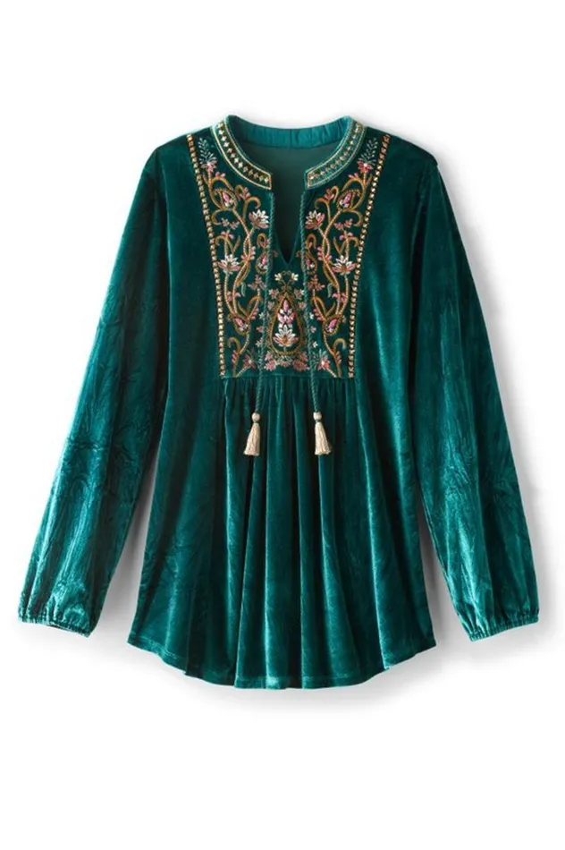 Women Ashanti Embellished Velvet Tunic June Bug Soft Surroundings Tops Women Ashanti Embellished Velvet Tunic June Bug Soft Surroundings Tops