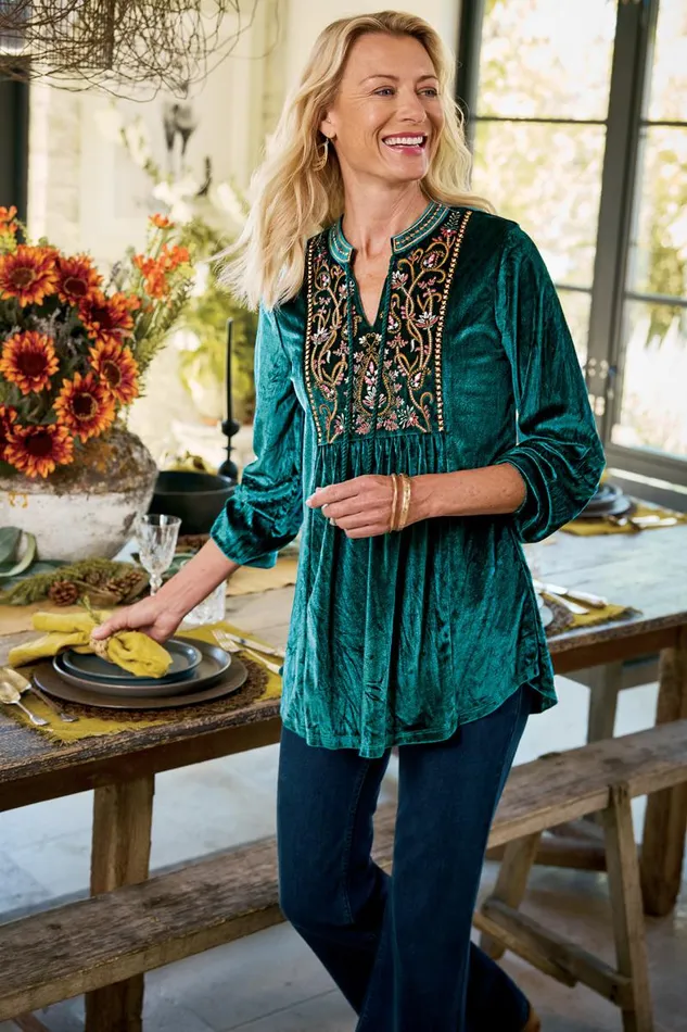 Women Ashanti Embellished Velvet Tunic June Bug Soft Surroundings Tops Women Ashanti Embellished Velvet Tunic June Bug Soft Surroundings Tops