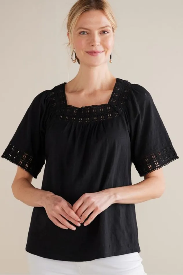 Women Brianna Crochet Knit Tee Black Soft Surroundings Tops