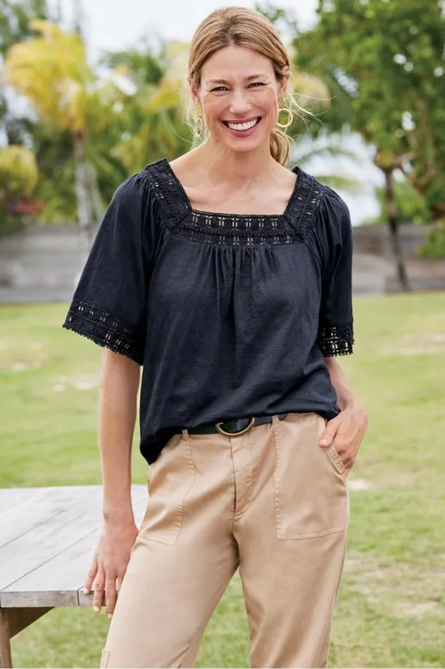 Women Brianna Crochet Knit Tee Black Soft Surroundings Tops Women Brianna Crochet Knit Tee Black Soft Surroundings Tops