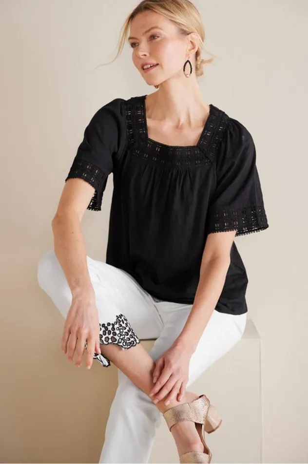 Women Brianna Crochet Knit Tee Black Soft Surroundings Tops Women Brianna Crochet Knit Tee Black Soft Surroundings Tops