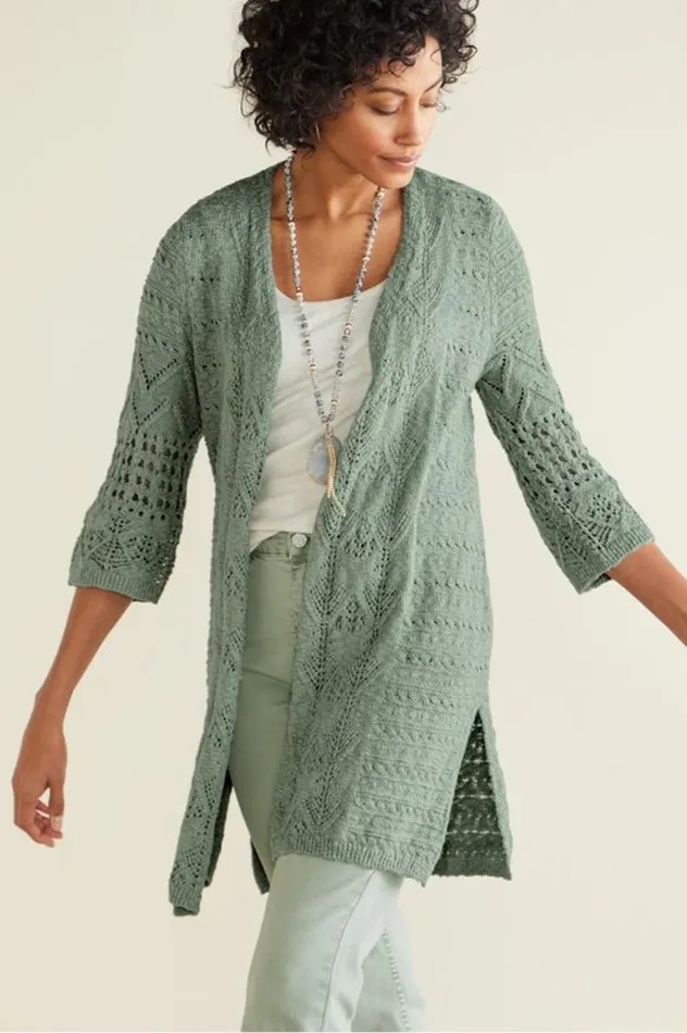 Women Calistoga Pointelle Cardigan Green Milieu Soft Surroundings Tops
