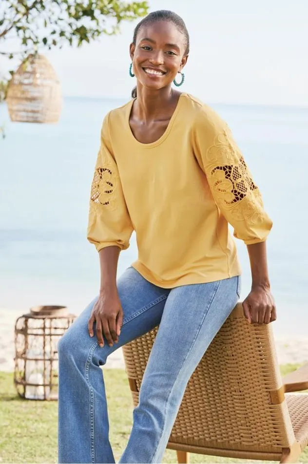 Women Charmaine Embroidered French Terry Top Buff Yellow Soft Surroundings Tops Women Charmaine Embroidered French Terry Top Buff Yellow Soft Surroundings Tops