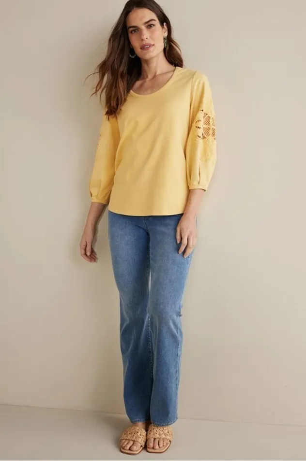 Women Charmaine Embroidered French Terry Top Buff Yellow Soft Surroundings Tops Women Charmaine Embroidered French Terry Top Buff Yellow Soft Surroundings Tops