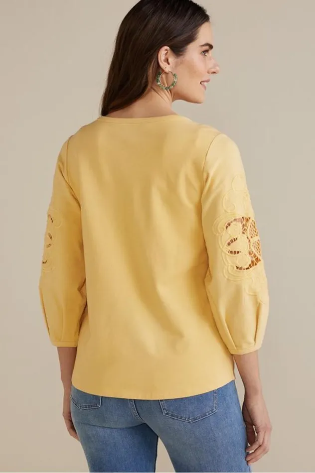 Women Charmaine Embroidered French Terry Top Buff Yellow Soft Surroundings Tops Women Charmaine Embroidered French Terry Top Buff Yellow Soft Surroundings Tops