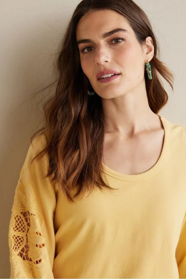 Women Charmaine Embroidered French Terry Top Buff Yellow Soft Surroundings Tops Women Charmaine Embroidered French Terry Top Buff Yellow Soft Surroundings Tops