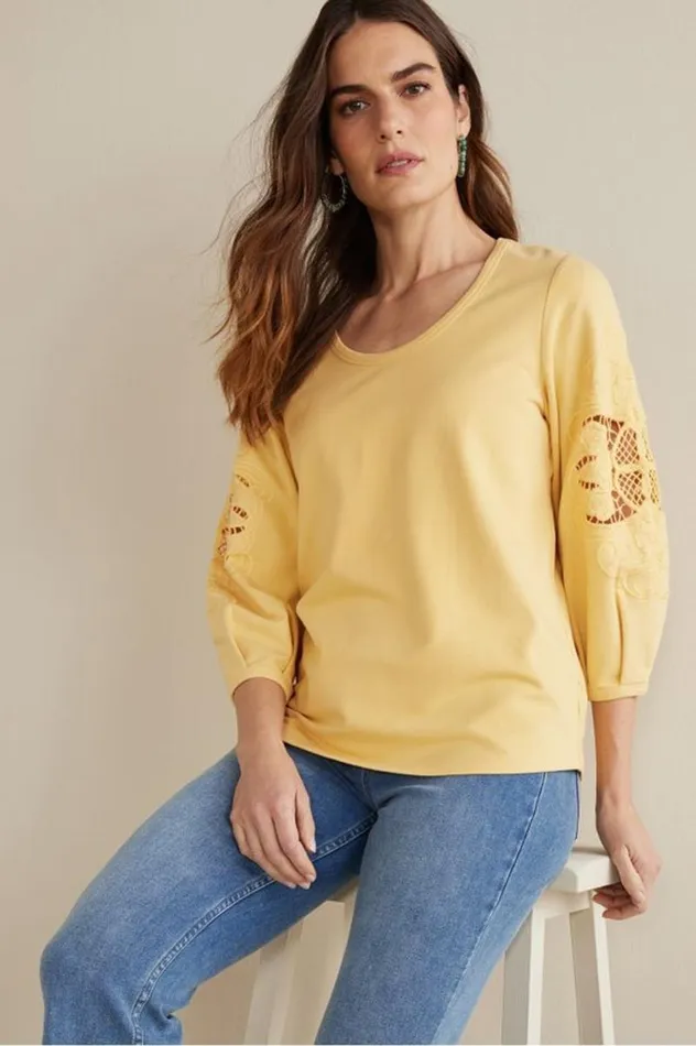 Women Charmaine Embroidered French Terry Top Buff Yellow Soft Surroundings Tops Women Charmaine Embroidered French Terry Top Buff Yellow Soft Surroundings Tops