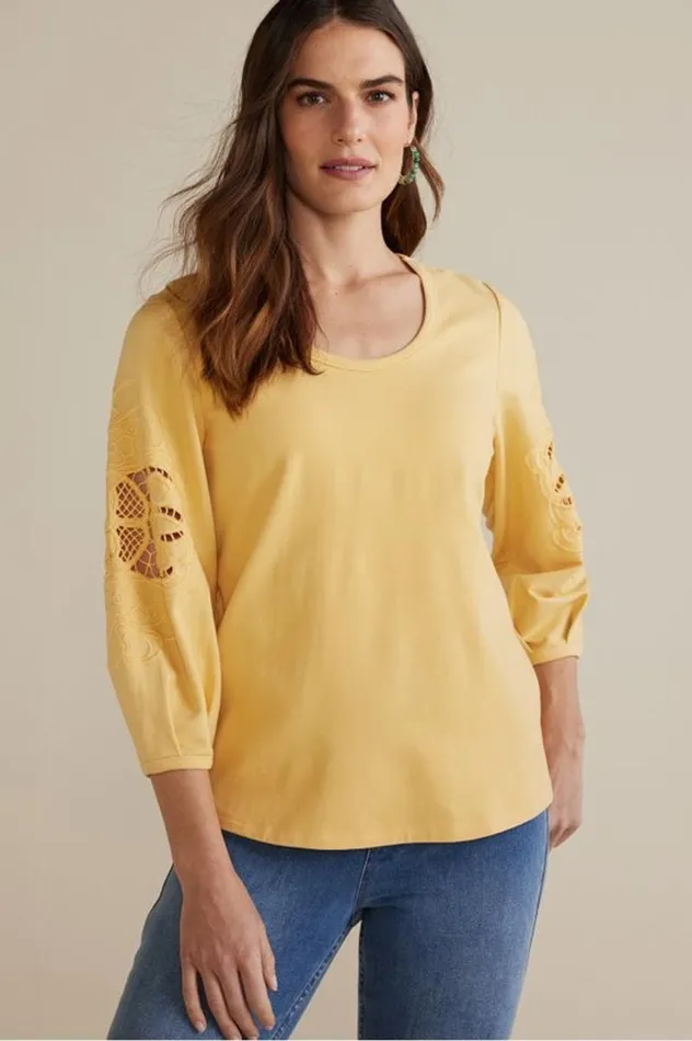 Women Charmaine Embroidered French Terry Top Buff Yellow Soft Surroundings Tops Women Charmaine Embroidered French Terry Top Buff Yellow Soft Surroundings Tops