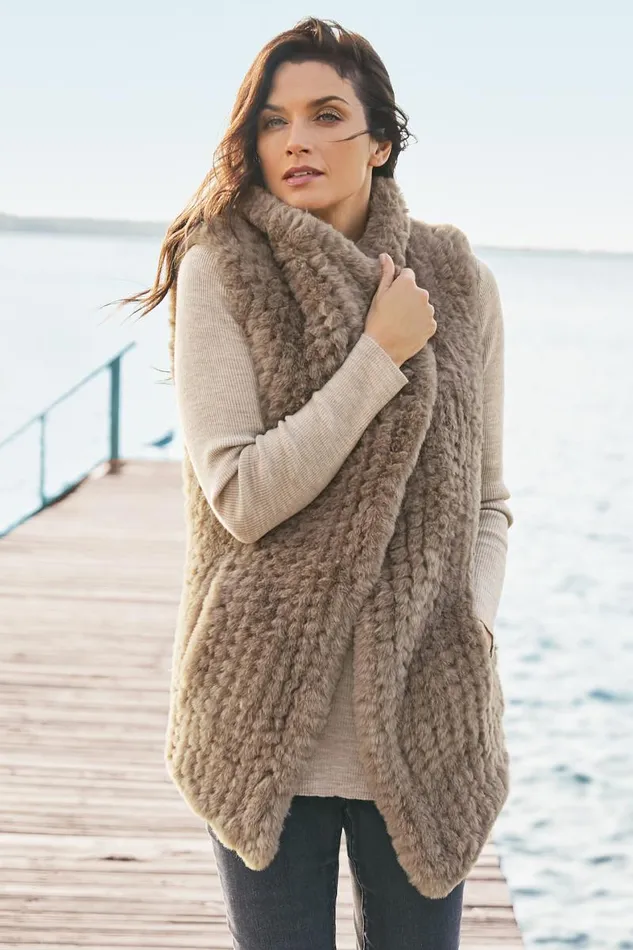 Women Faux Fur Draped Vest Taupe Soft Surroundings Jackets and Coats