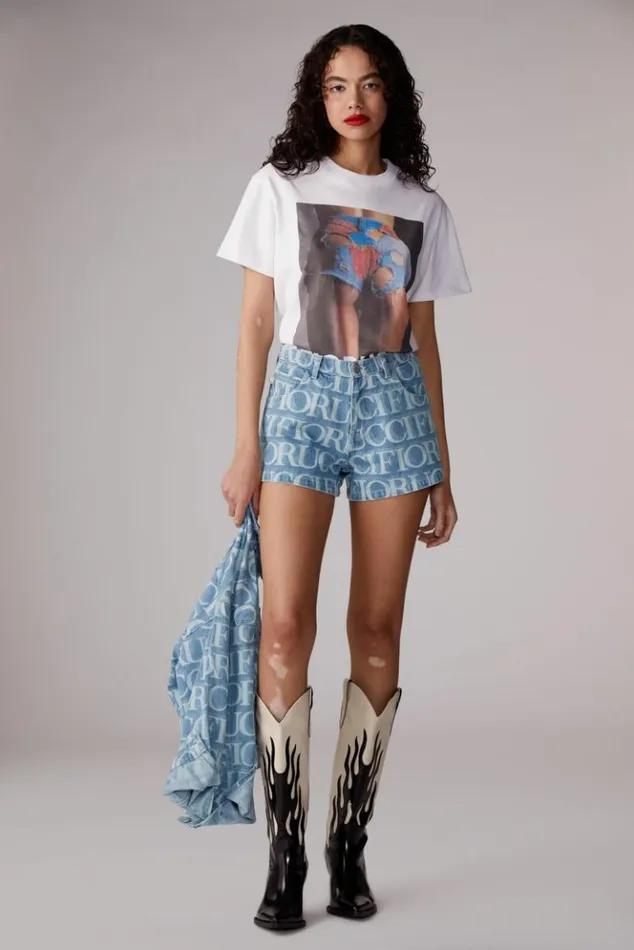 Women Fiorucci Laser Monogram Denim Shorts Blue Blue