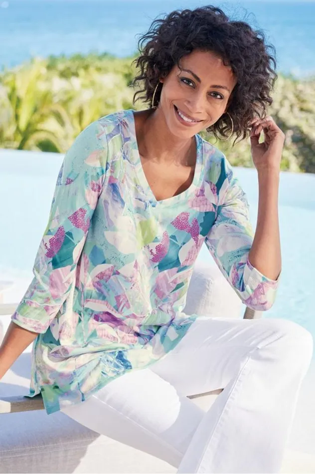 Women Iris 34 Sleeve Tunic Tropical Multi Soft Surroundings Tops Women Iris 34 Sleeve Tunic Tropical Multi Soft Surroundings Tops