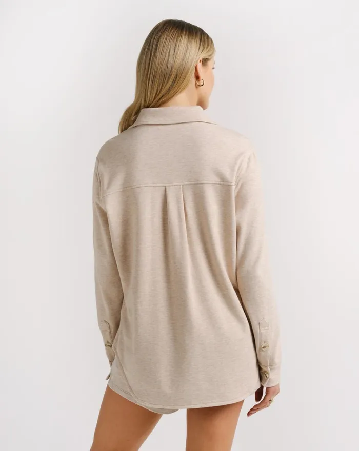 Women Jackets TravisMathew COUPLE GOALS CLOUD FLEECE SHACKET Heather Natural