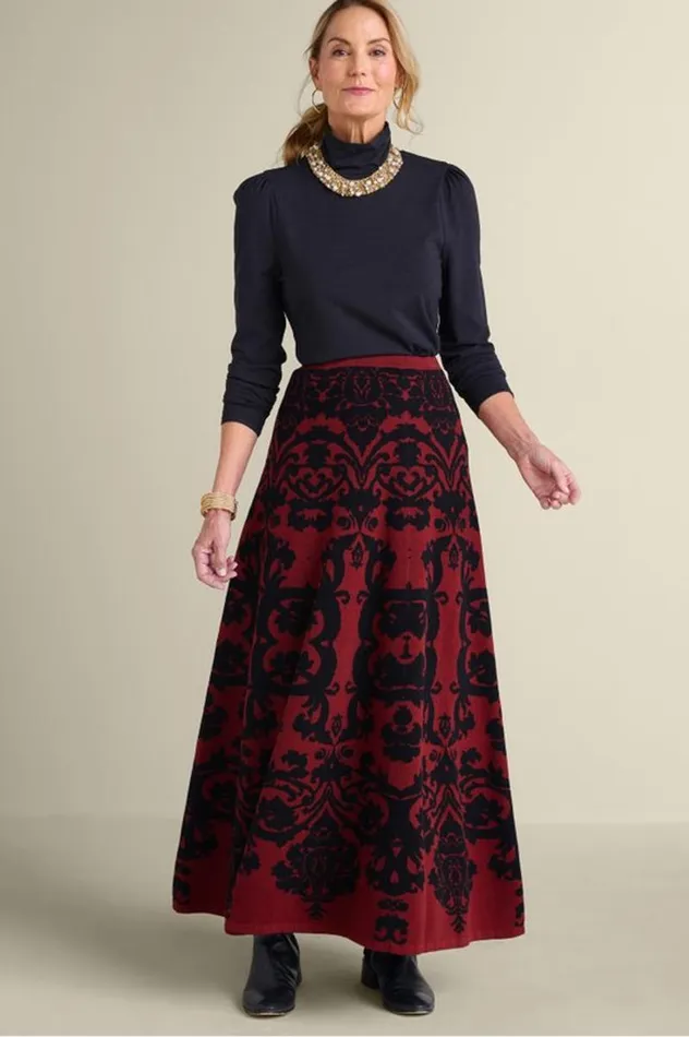 Women Jacobean Sweater Skirt Red Baroque Soft Surroundings Skirts