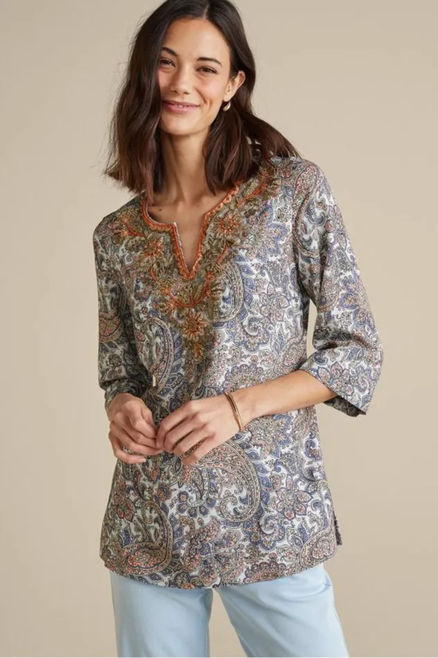 Women Kaimana Embellished Tunic Spring Paisley Soft Surroundings Tops