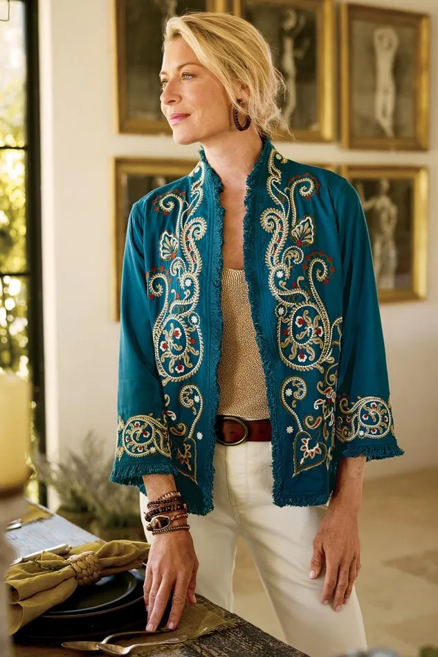 Women Kiruna Embroidered Jacket Teal Soft Surroundings Jackets and Coats Women Kiruna Embroidered Jacket Teal Soft Surroundings Jackets and Coats