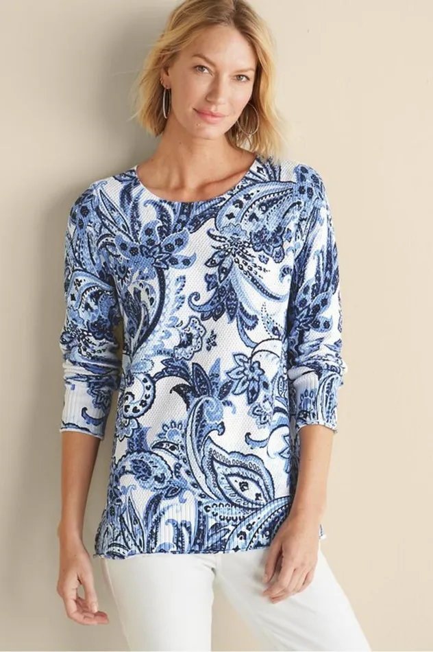 Women Marin Sweater Navy Blue Floral Paisley Soft Surroundings Tops Women Marin Sweater Navy Blue Floral Paisley Soft Surroundings Tops